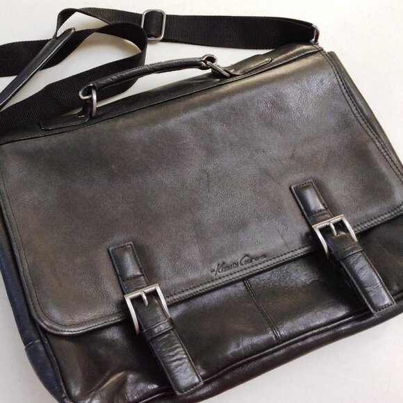 KENNETH COLE 16" Laptop Briefcase Messenger Man Bag Leather Black Shoulder Strap - Picture 1 of 5